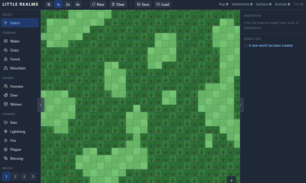 Little Realms — new game screen showing fresh terrain