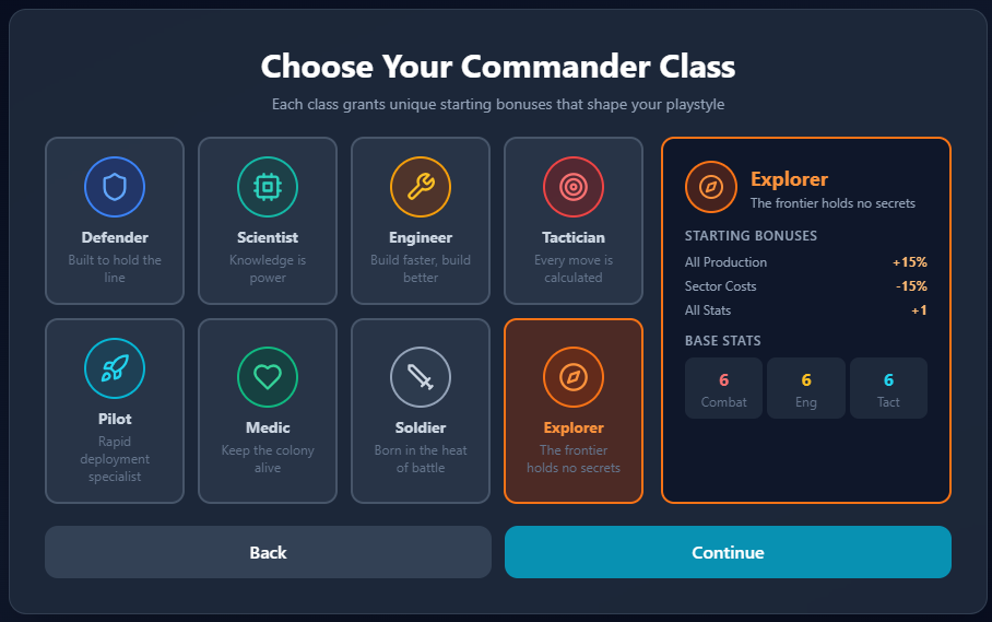 Nebula Frontier — Commander class selection