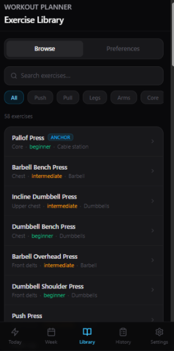 Workout Planner — exercise library