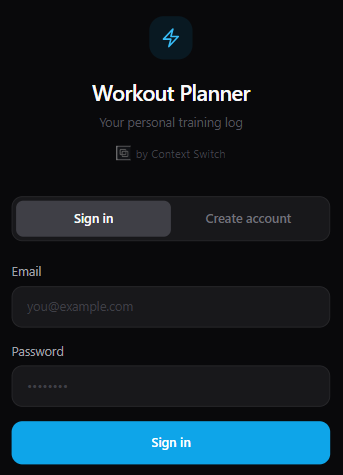 Workout Planner — login screen