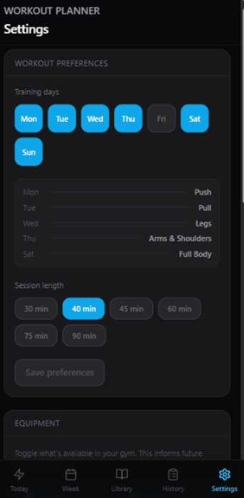 Workout Planner — settings screen