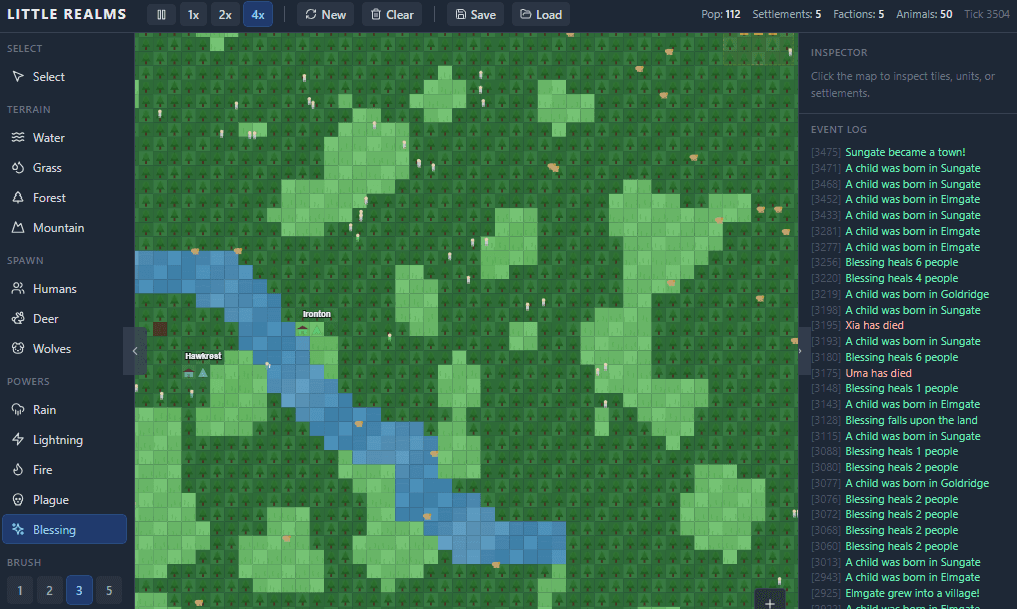 Little Realms in-game view showing map, tools, and event log