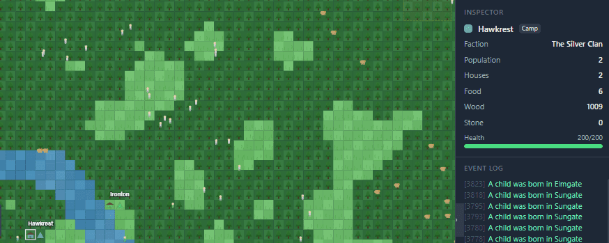 Little Realms — settlement inspector showing population, resources, and health