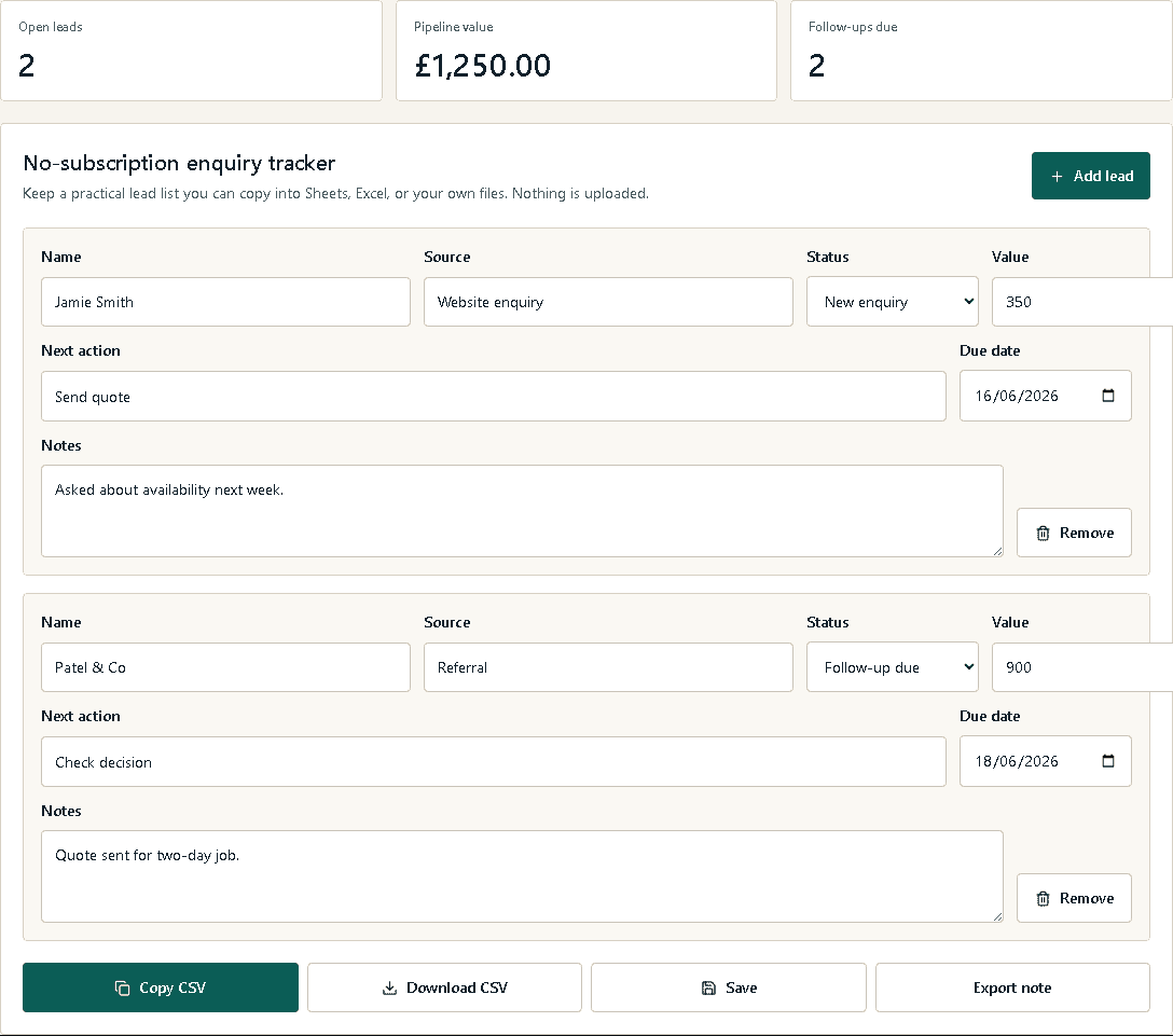 No Fuss customer tracker showing enquiries, quotes and next actions.