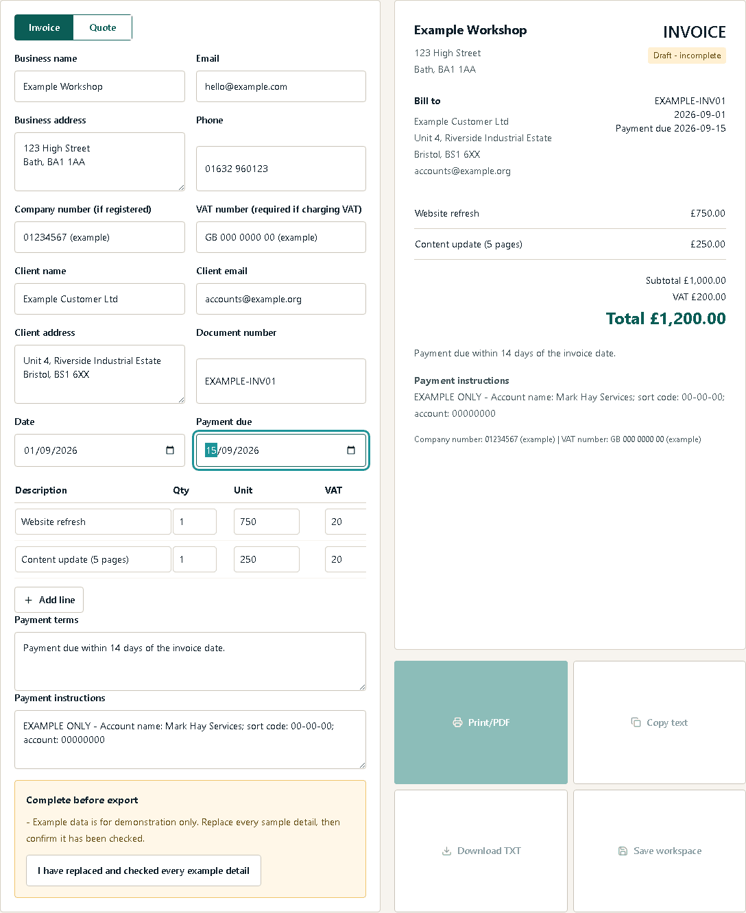No Fuss invoice builder with line items, VAT and payment terms.