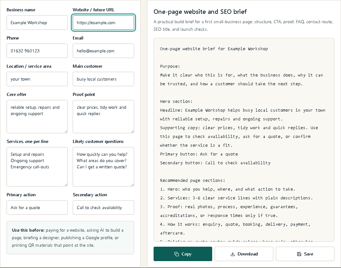No Fuss one-page website brief with service, proof and contact sections.