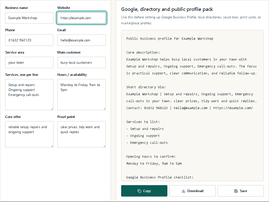 No Fuss business profile pack for matching services, areas and contact details.