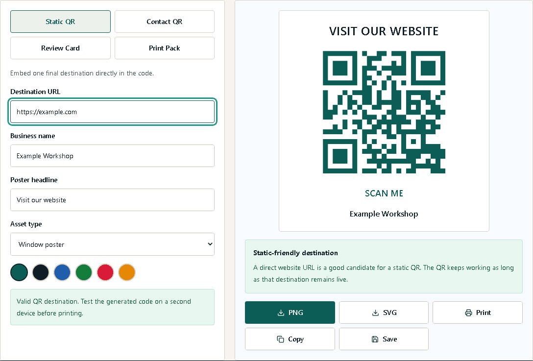 No Fuss QR and print assets tool with destination and print checks.