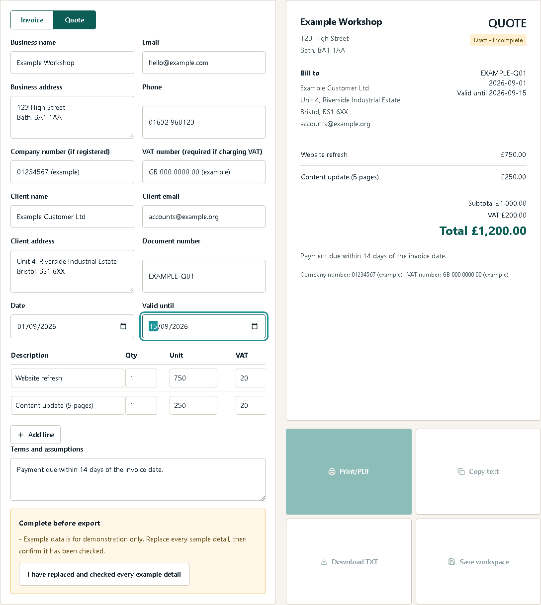 No Fuss invoice and quote builder with line items and a customer-ready total.