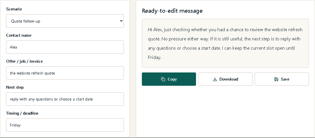 No Fuss follow-up message tool with a short quote follow-up draft.