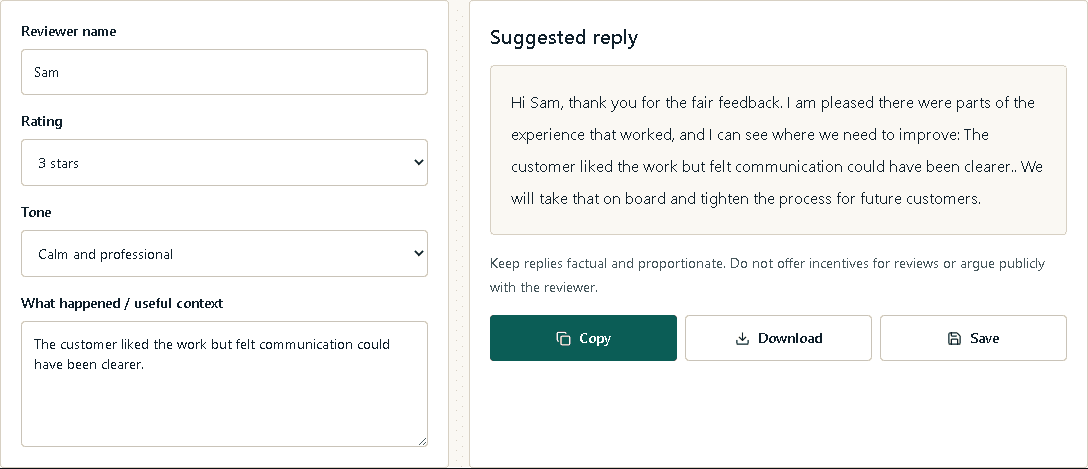No Fuss review reply helper with a calm factual response draft.