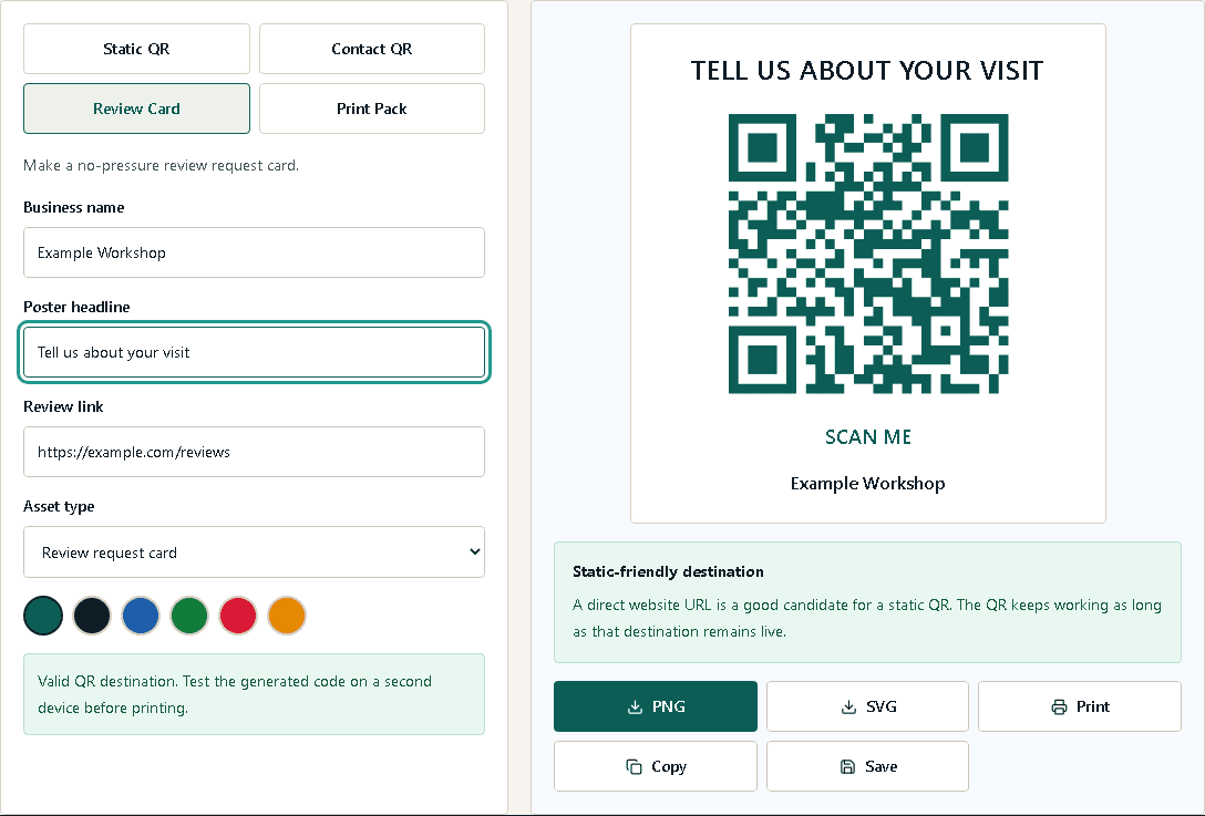 No Fuss review request card workflow with a voluntary customer action.
