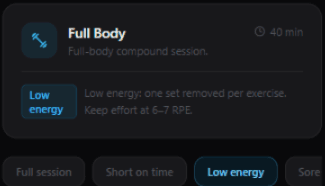 Workout Planner — session modifier selected