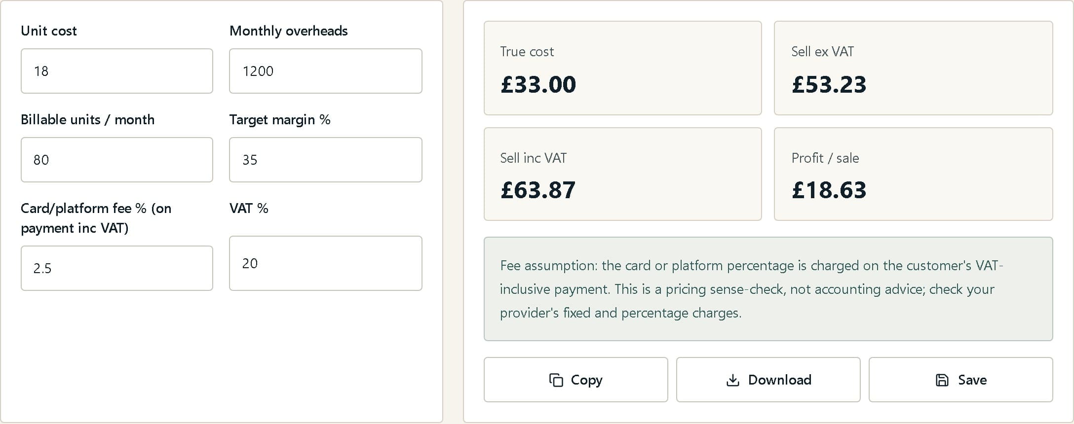 Sample pricing calculation with costs, selling price and profit shown together