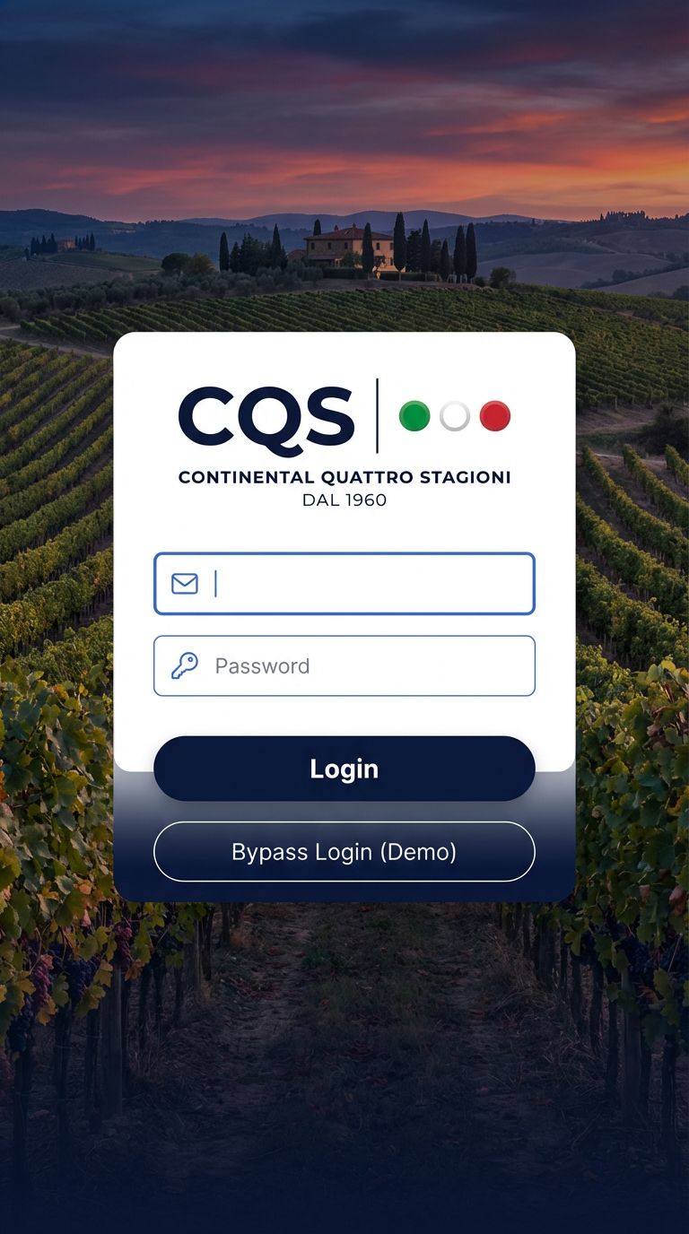 CQS Smart Operations Console — login screen with vineyard background
