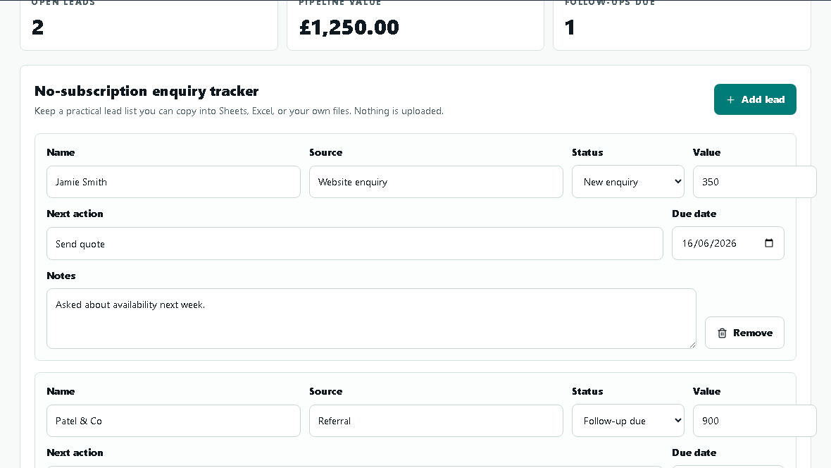 NoTrap customer tracker showing enquiries, quotes and next actions.