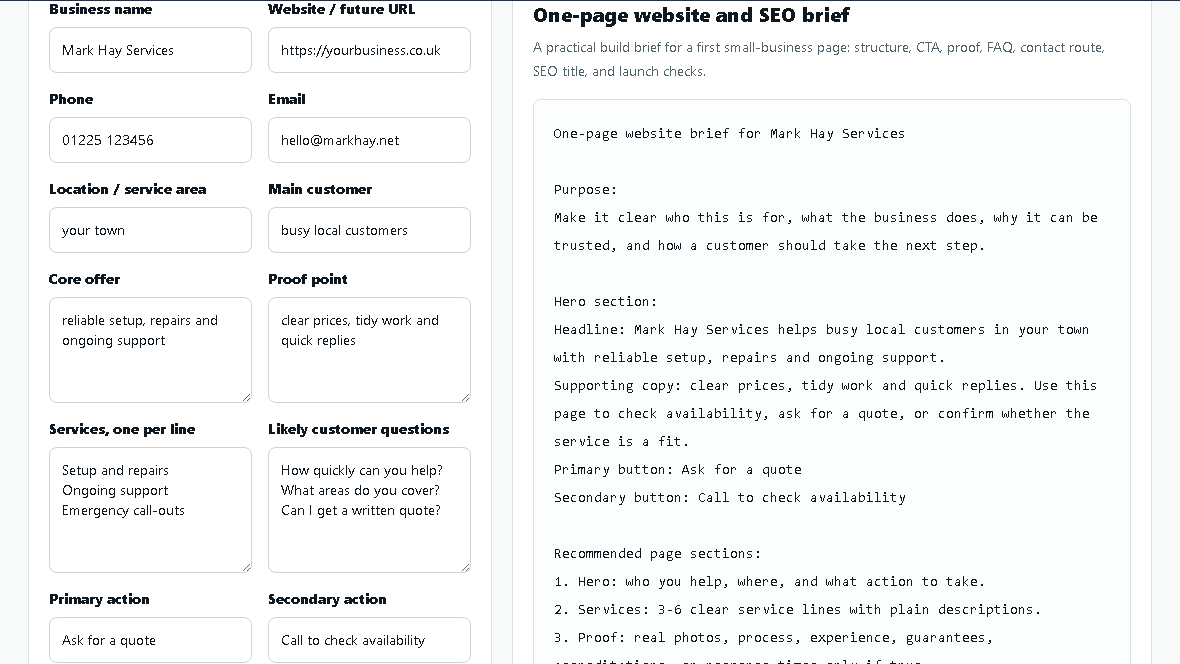 NoTrap one-page website brief with service, proof and contact sections.