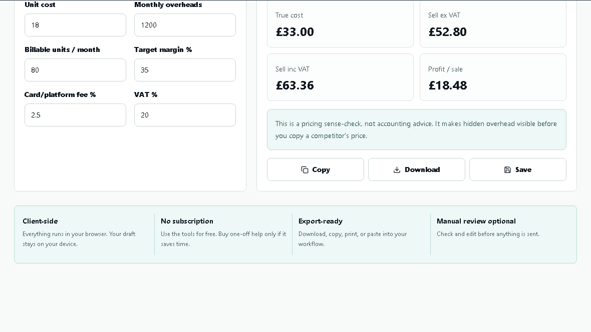 NoTrap margin and price check showing labour, overheads, fees and margin inputs.