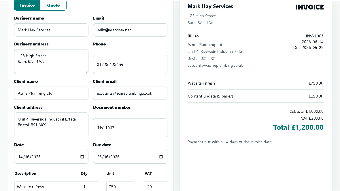 NoTrap invoice and quote builder with line items and a customer-ready total.