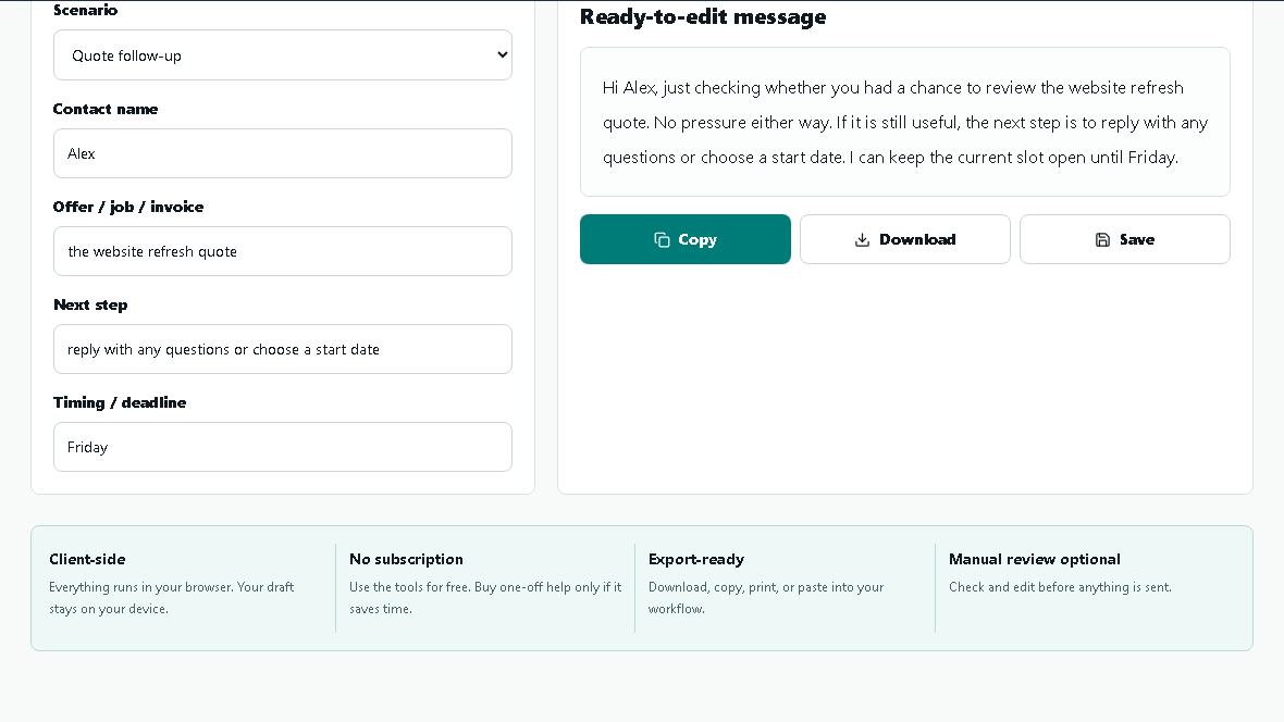 NoTrap follow-up message tool with a short quote follow-up draft.