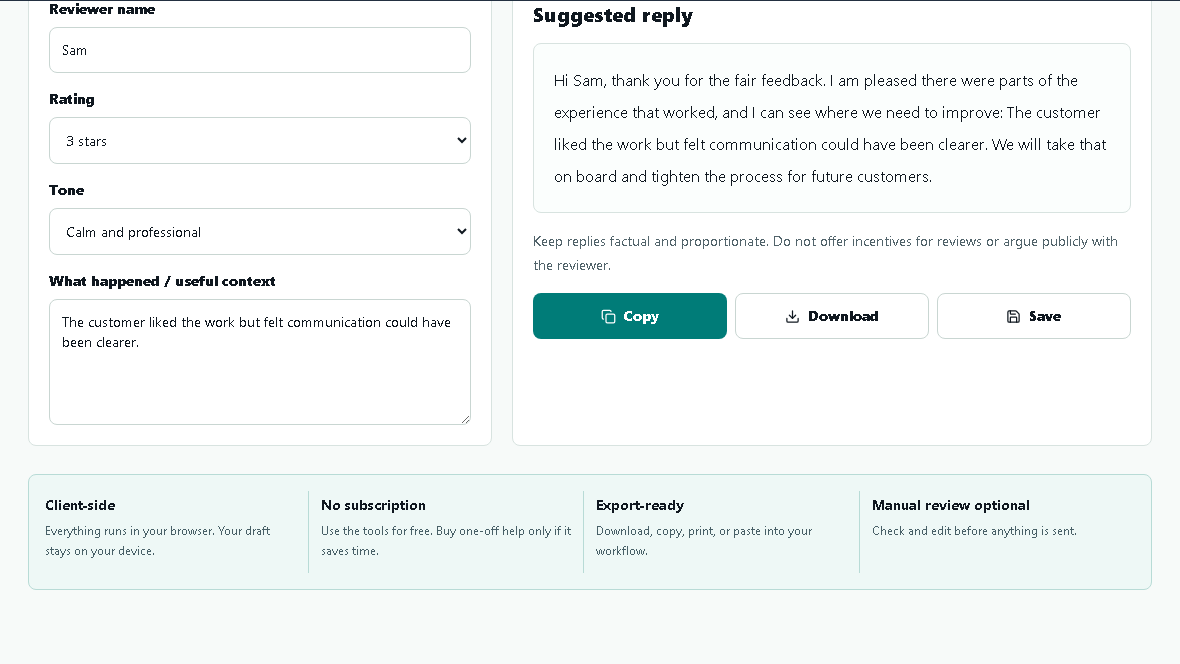 NoTrap review reply helper with a calm factual response draft.