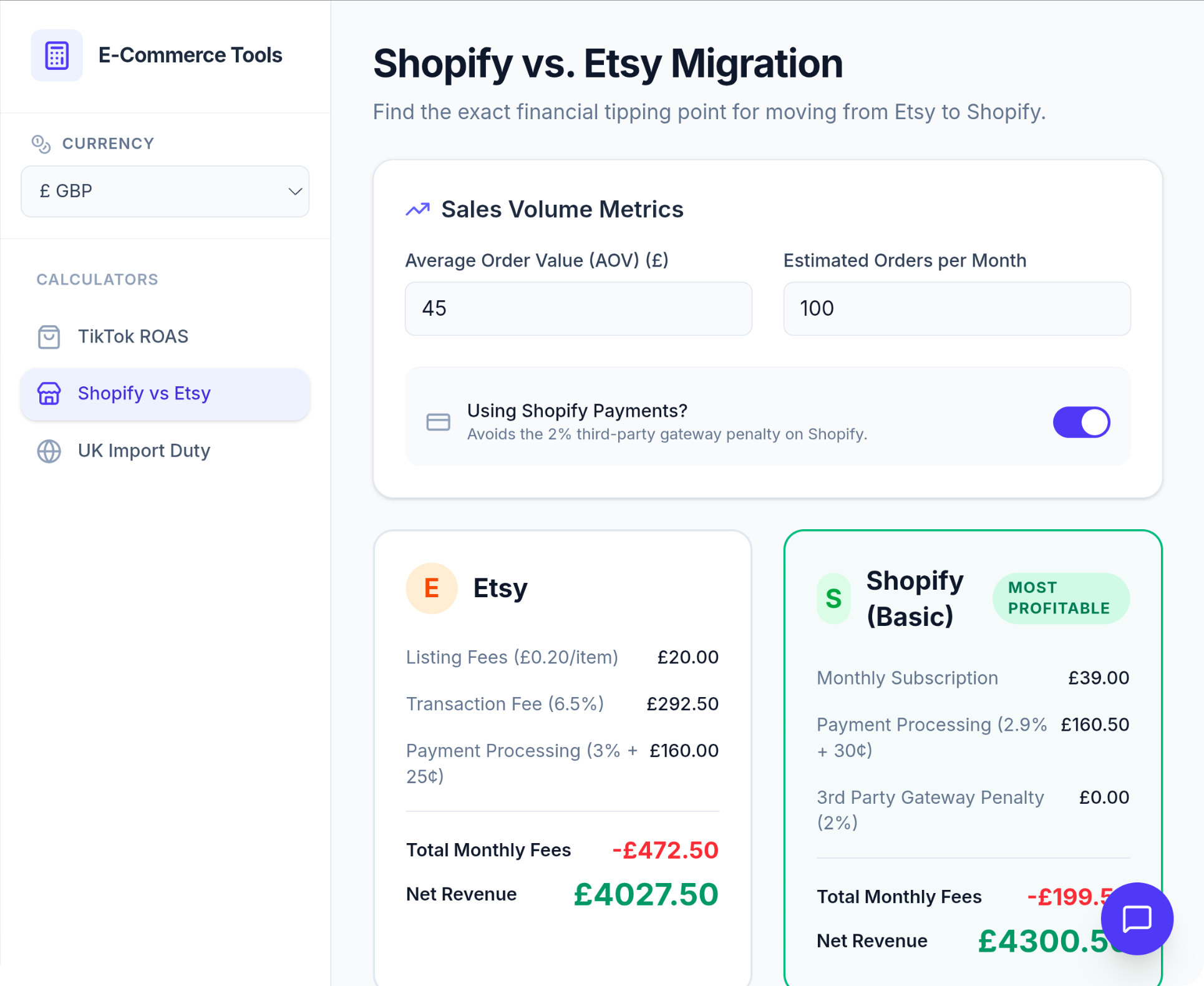 Pricing and business calculators working product screen