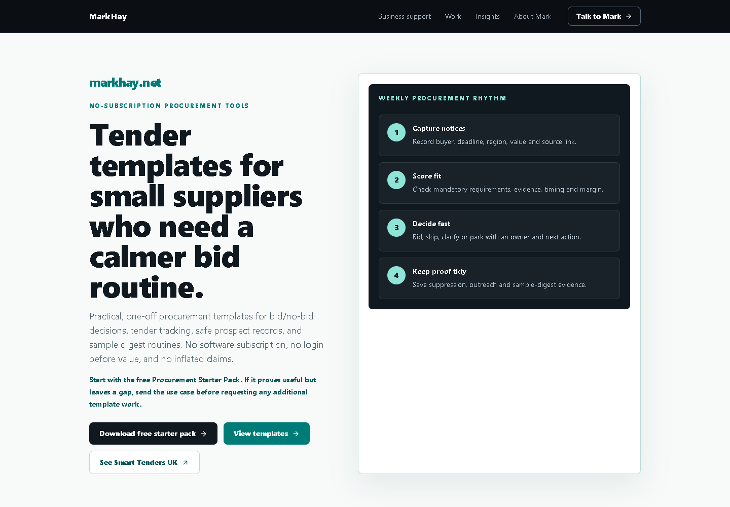 Procurement templates page on markhay.net leading with the free starter pack and written scope boundary.