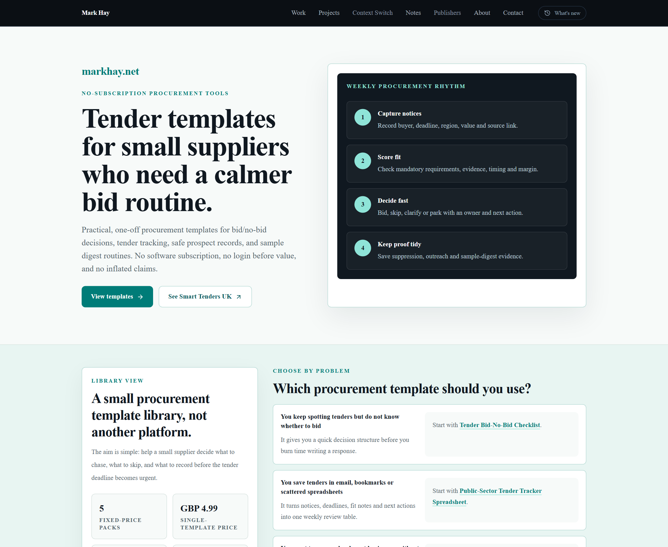 Procurement templates shelf on markhay.net showing the fixed-price product options and buyer guidance.