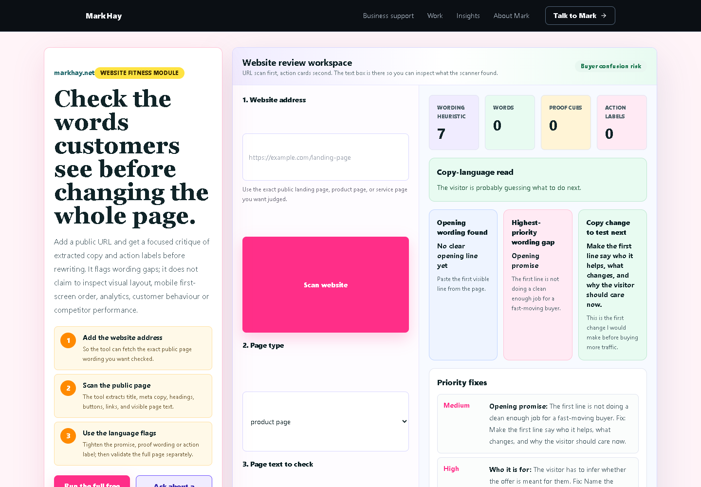 Conversion Critic on markhay.net opened in Shopify product-page mode with the public URL field ready.