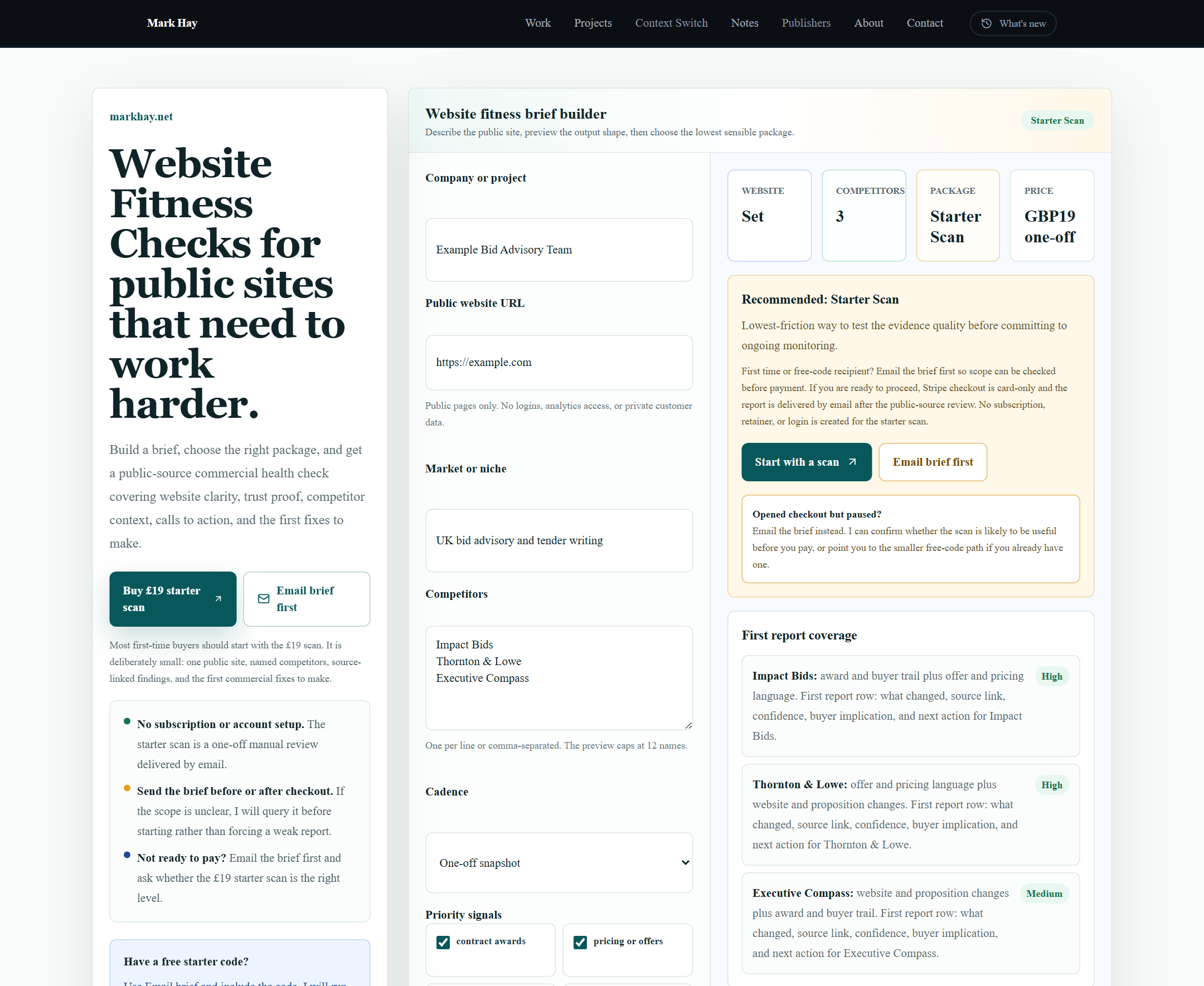 Website Fitness Checks route on markhay.net showing the public scan offer and email follow-through path.